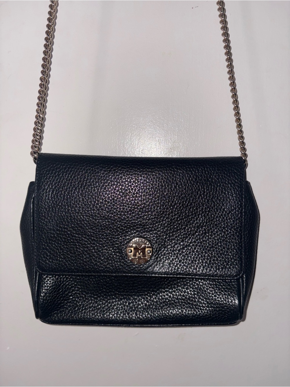 Black Pebbled Leather Crossbody with Silver Chain